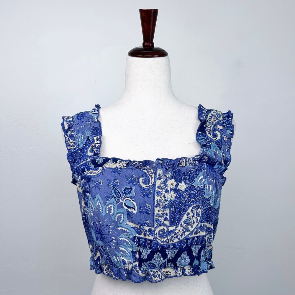 Angie LARGE Blue Bohemian '70s Patchwork Paisley Ruffle Sleeveless Crop Top NWT - Picture 1 of 6